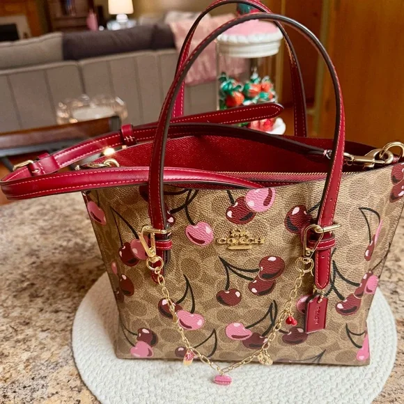 Coach Cherry Print Tote - Tan and Pink - Picture 1 of 4